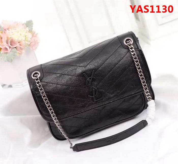YSL聖羅蘭 專櫃對版爆款 爆裂抓皺皮黑色鏈條包 498895 YAS1130