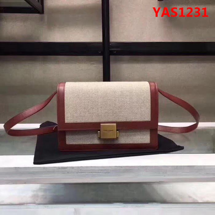 YSL聖羅蘭 米色亞麻帆布 幹邑色真皮挎包 正面翻蓋包 YAS1231