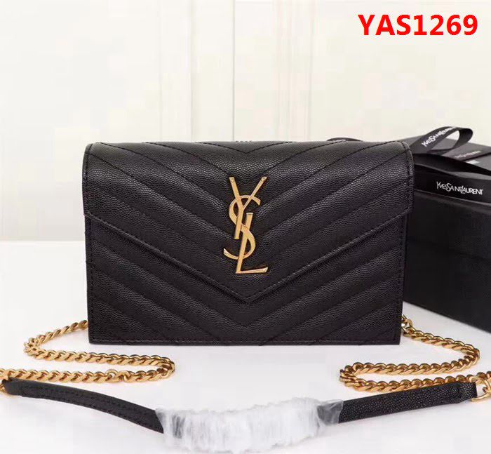 YSL聖羅蘭 專櫃最新V紋皮 金色五金扣 可拆卸鏈條 小挎包 27720 YAS1269
