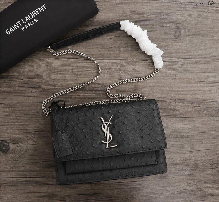 YSL女包 鴕鳥紋26606 前翻蓋手袋 聖羅蘭鏈條斜跨包  yas1694