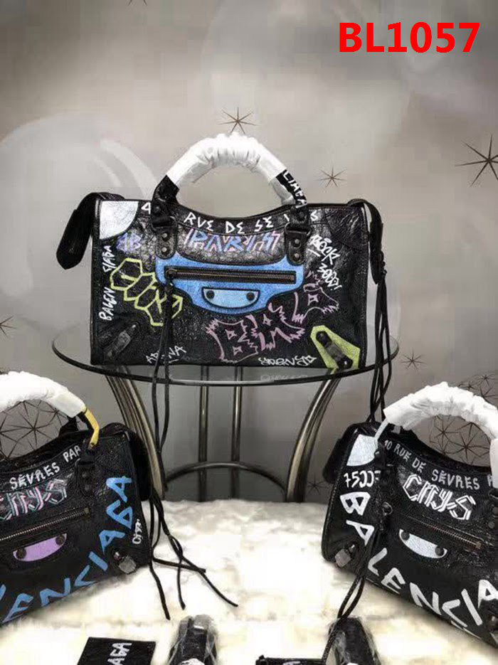 BALENCIAG巴黎世家 歐洲水貨 Balenciaga city小黑釘 限量 原廠爆裂紋羊皮黑白塗鴉  BL1057