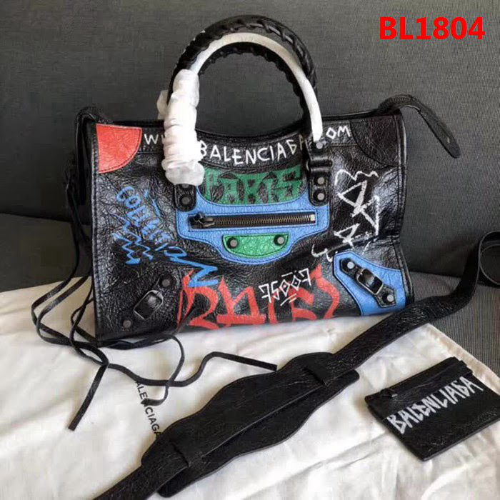 BALENCIAG巴黎世家 Graffiti Classic City30cm機車包 手繪彩色塗鴉  爆裂紋羊皮 手提肩背斜挎包  BL1804