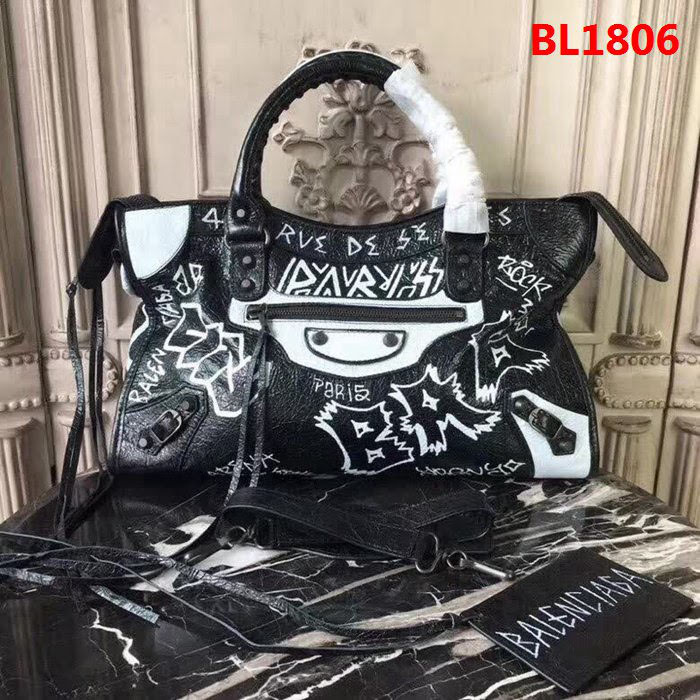 BALENCIAG巴黎世家 Graffiti Classic City30cm機車包 手繪彩色塗鴉  爆裂紋羊皮 手提肩背斜挎包  BL1806