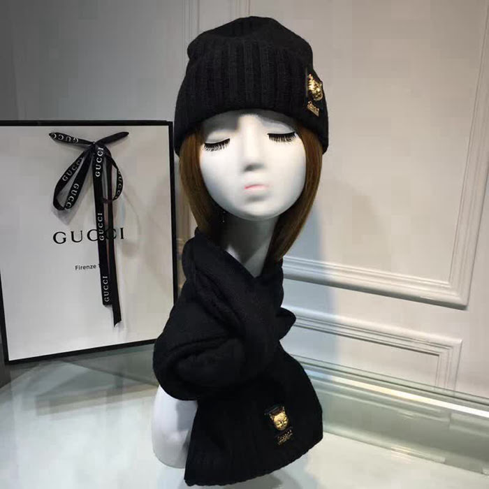 GUCCI古馳 兔絨+羊絨針織圍巾帽子套裝 百搭情侶款 LLWJ5665