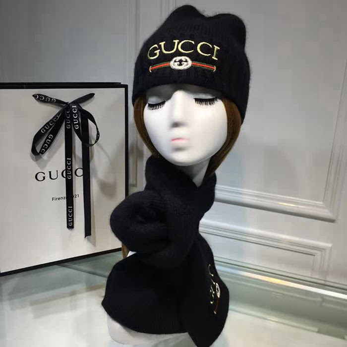 GUCCI古馳 兔絨+羊絨針織圍巾帽子套裝 百搭情侶款 LLWJ5785