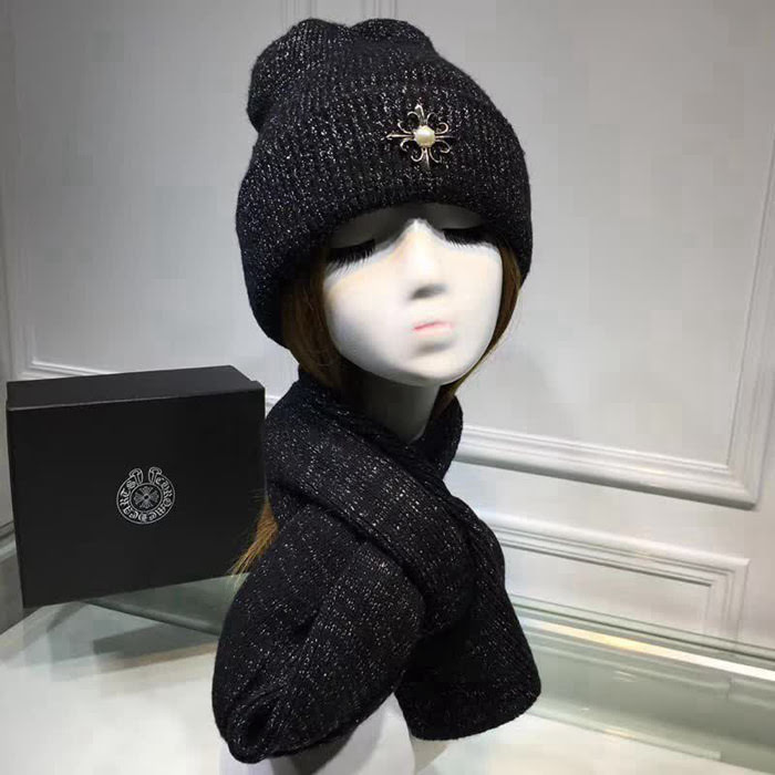 克羅心Chrome Hearts 2018早秋 情侶款加厚羊毛圍巾帽子套裝 男女同款 LLWJ8603