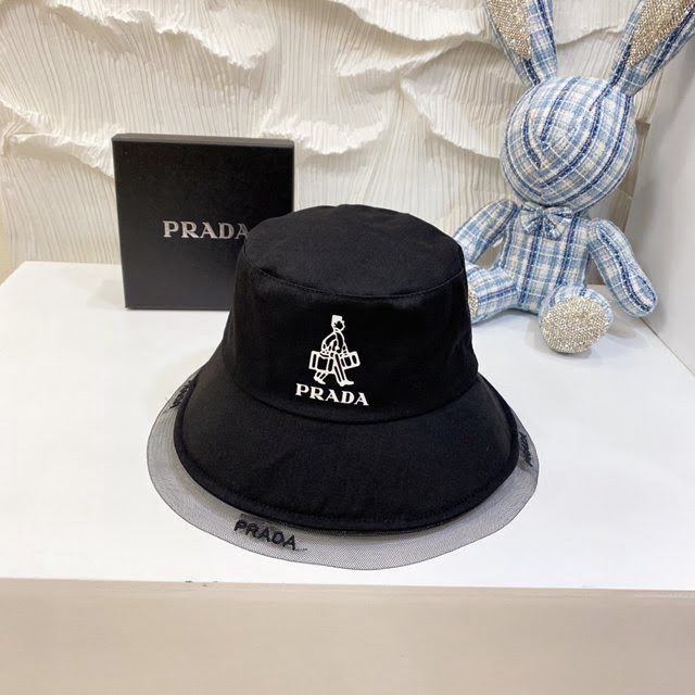 Prada女士帽子 普拉達網紗邊拼接材質漁夫帽遮陽帽  mm1195