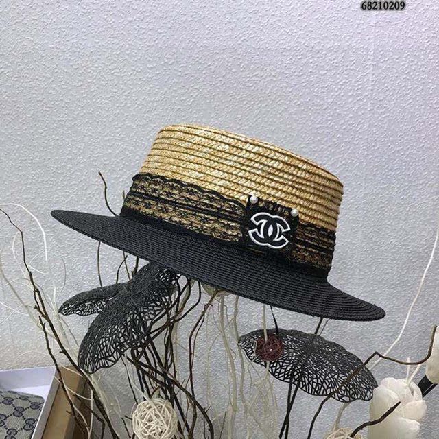 Chanel女士帽子 香奈兒簡約拼接蕾絲草編草帽盆帽禮帽  mm1402