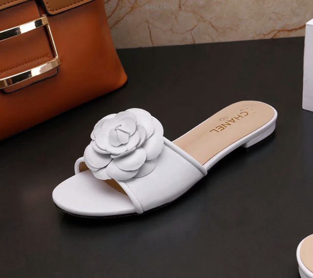 Chanel女鞋 香奈兒2020新款 山茶花平底拖鞋 白花白色  naq1113