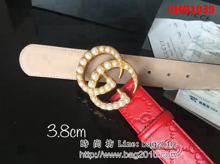 古馳CUCCI 百搭款 原單經典 頭層小牛皮壓花 純銅鑲珍珠扣男士皮帶 GHG1039