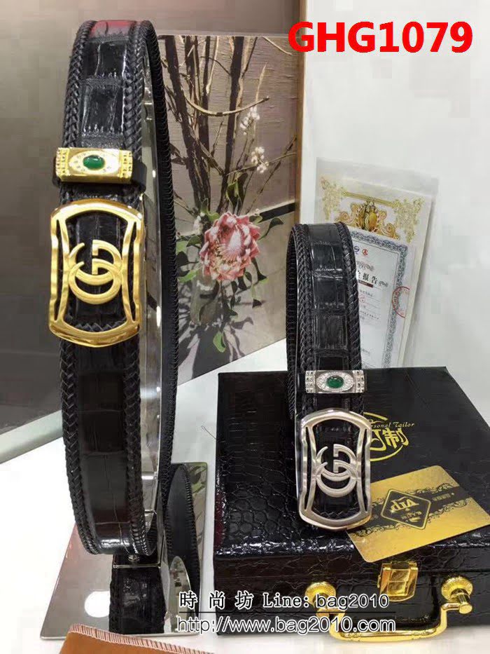 古馳CUCCI 古馳純手工編織無拼接美洲鱷魚肚皮 專櫃雙G鋼扣 高端男士皮帶 GHG1079