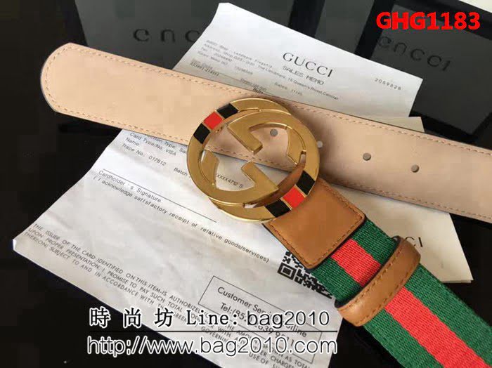 古馳CUCCI 紅綠織布頭層牛皮接頭尾 配純銅扣 百搭休閒款男士皮帶 GHG1183