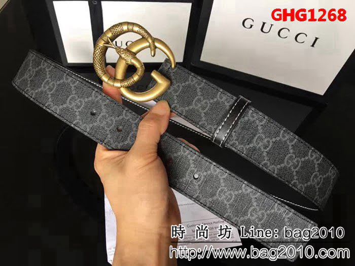 古馳CUCCI 高級人造革面料 頭層小牛皮底 純銅古金蛇紋扣 奢華時尚男士皮帶 GHG1268
