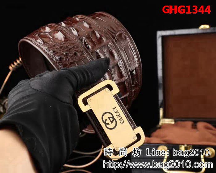 古馳CUCCI 最新款古馳鋼扣鱷魚骨皮 高端男士皮帶 GHG1344