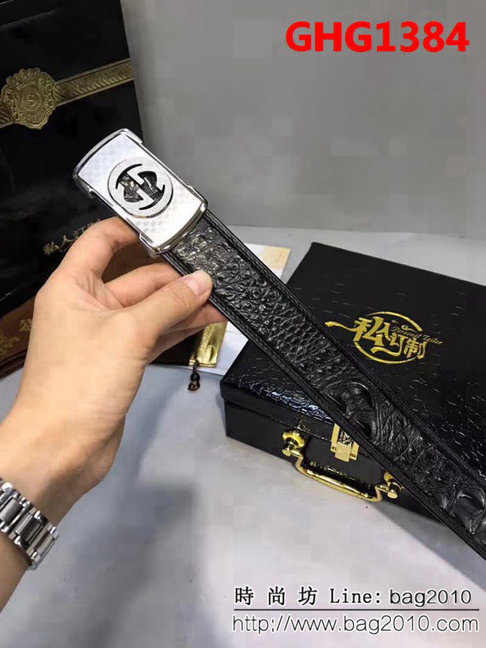 古馳CUCCI 真鱷魚骨皮尾部不拼接皮帶 高端男士皮帶 GHG1384
