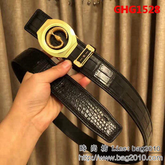 古馳CUCCI 古馳純手工美洲鱷魚無拼接肚皮 新款精美蛇頭鋼扣高端男士皮帶 GHG1528