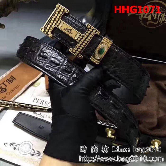 愛馬仕HERMES 純手工無拼接美洲鱷魚小骨皮 純手工高端男士皮帶 HHG1071