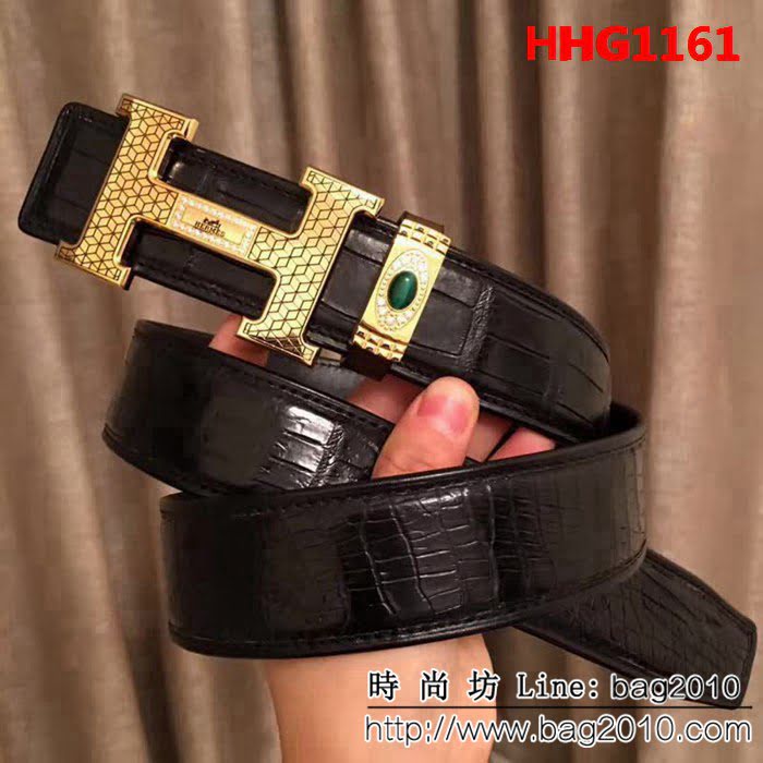 愛馬仕HERMES 純手工無拼接美洲鱷魚肚皮 鑲鑽貓眼石高端男士皮帶 HHG1161