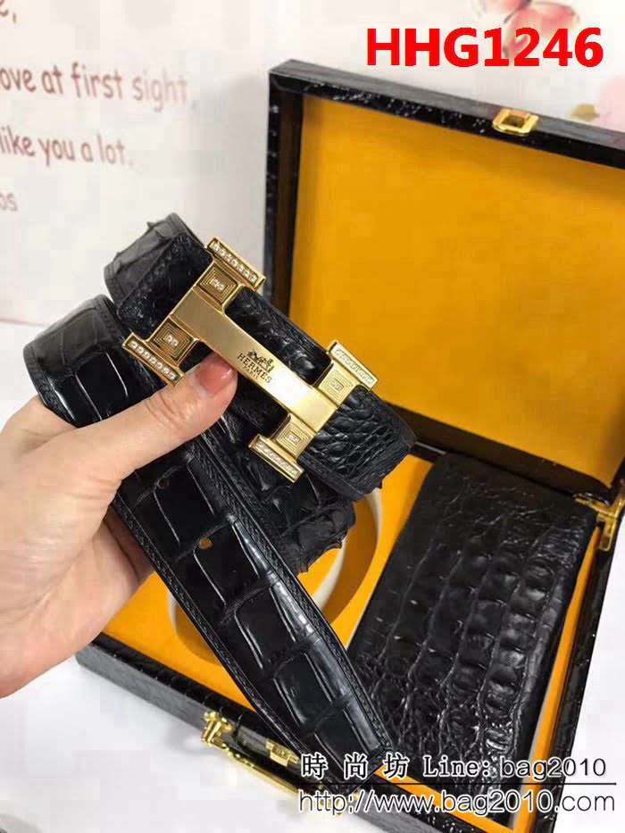 愛馬仕HERMES 真鱷魚骨皮 不拼接皮帶 不拼接骨皮手包搭配高端男士皮帶 HHG1246