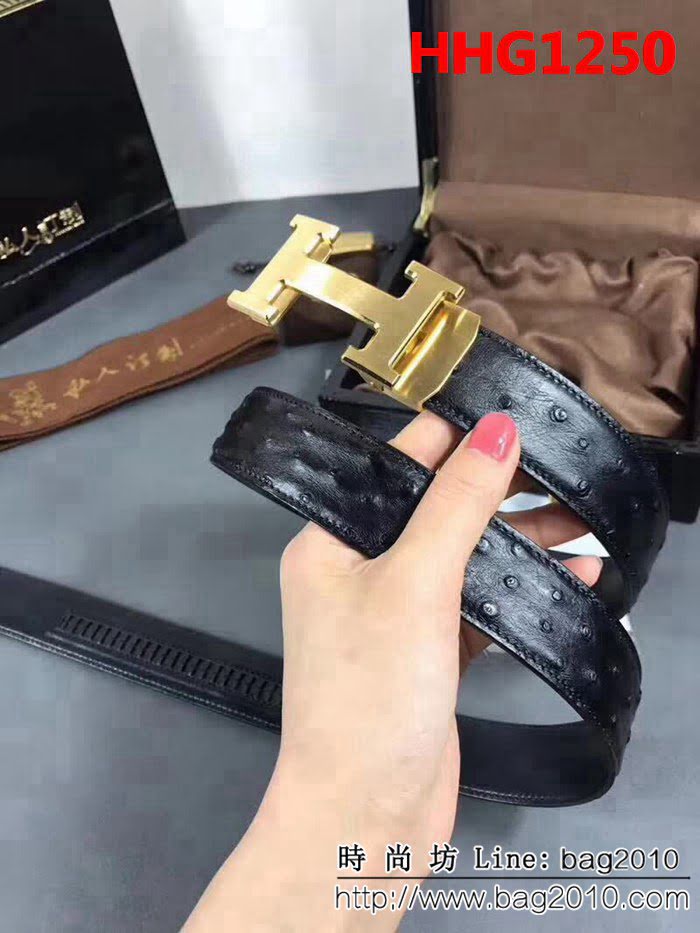 愛馬仕HERMES 進口鴕鳥皮 無拼接、全羽毛釘 高端男士皮帶 HHG1250