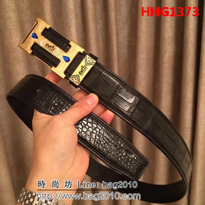 愛馬仕HERMES 純手工美洲鱷魚無拼接肚皮 專櫃鑲鑽藍寶石 高端男士皮帶 HHG1373