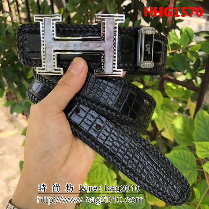 愛馬仕HERMES 純手工編織美洲鱷魚無拼接肚皮 高端男士皮帶 HHG1570