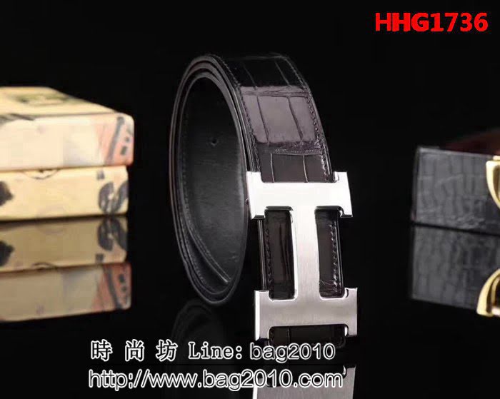 愛馬仕HERMES 私人訂制 鱷魚進口肚皮整條無接 高端男士皮帶 HHG1736