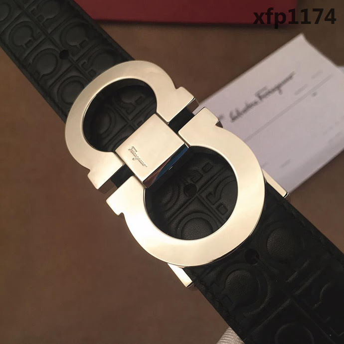 Ferragamo菲拉格慕 雙面牛皮紮雙排花紋 精鋼扣 復古風格 男士皮帶  xfp1174
