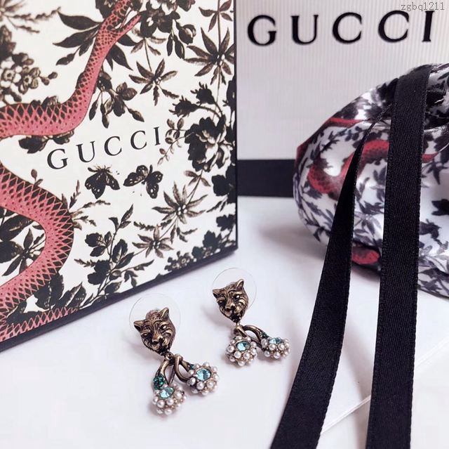 GUCCi飾品 古馳s925純銀針耳環 Gucci豹子藍鑽雙花耳釘  zgbq1211
