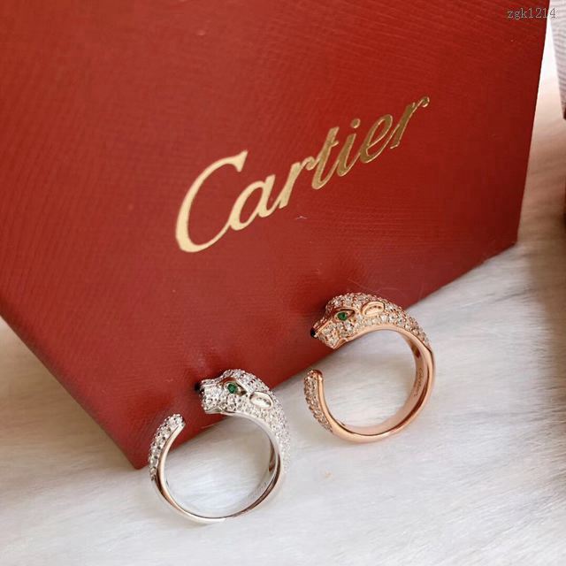 Cartier飾品 卡地亞豹子系列 滿鑽 窄版 豹子開口戒指  zgk1214