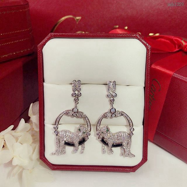 Cartier飾品 卡地亞豹子烤漆鑲鑽耳環 熱銷款 925純銀針 圓形耳釘  zgk1229