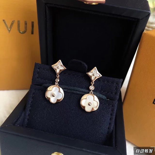 Louis Vuitton純銀飾品 路易威登單鑽雙花白貝母耳釘 LV四葉草鏈條吊墜耳環耳吊  zglv1960