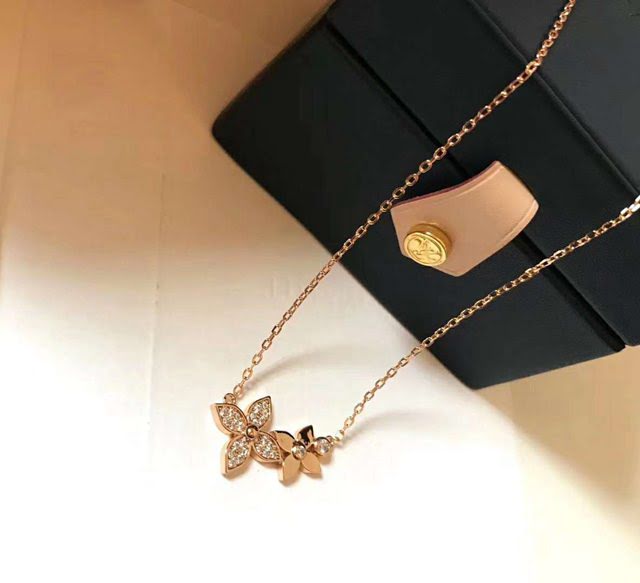 Louis Vuitton純銀飾品 路易威登滿鑽雙花項鏈 LV簡約四葉草玫瑰金鎖骨鏈  zglv2192