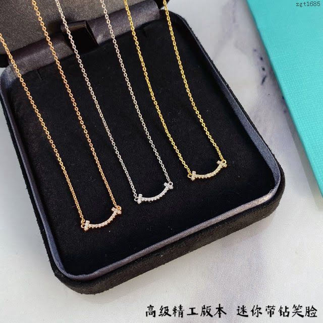 Tiffany純銀飾品 蒂芙尼女士專櫃爆款925雙T迷你帶鑽笑臉項鏈  zgt1685