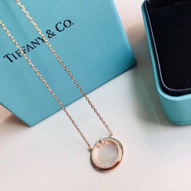 Tiffany純銀飾品 蒂芙尼女士專櫃爆款T Two玫瑰金鑲嵌珍珠母貝圓圈項鏈 Tiffany純銀鎖骨鏈  zgt1742