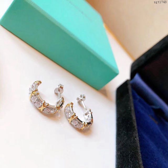 Tiffany純銀飾品 蒂芙尼女士專櫃爆款Schlumberger耳釘耳勾 Tiffany四鑽交叉滿鑽耳鉤耳環  zgt1748
