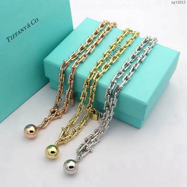 Tiffany飾品 蒂芙尼女士專櫃爆款關節U型鏈環圓形鎖吊墜雙層手鏈  zgt1813