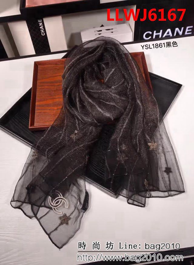 CHANEL香奈兒 2018秋冬專櫃刺繡真絲羊毛長圍巾 YSM1861 LLWJ6167