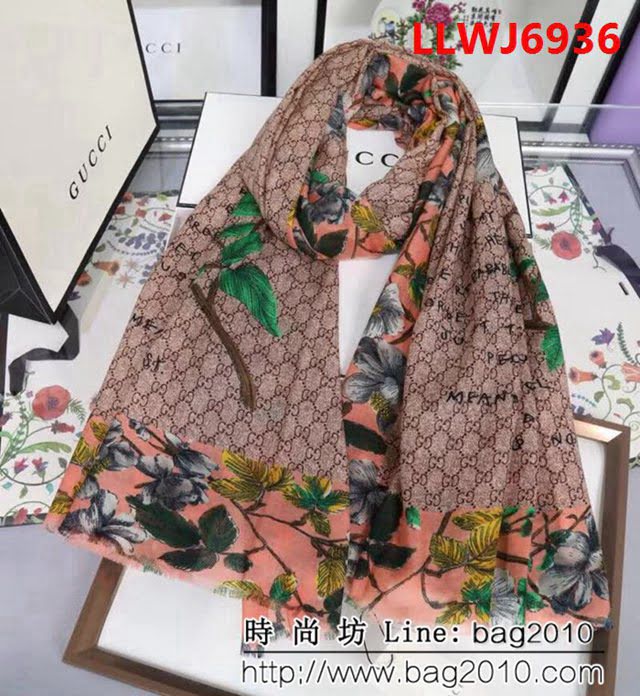 GUCCI古馳海外原版 logo花紋圖案羊絨長圍巾 LLWJ6936