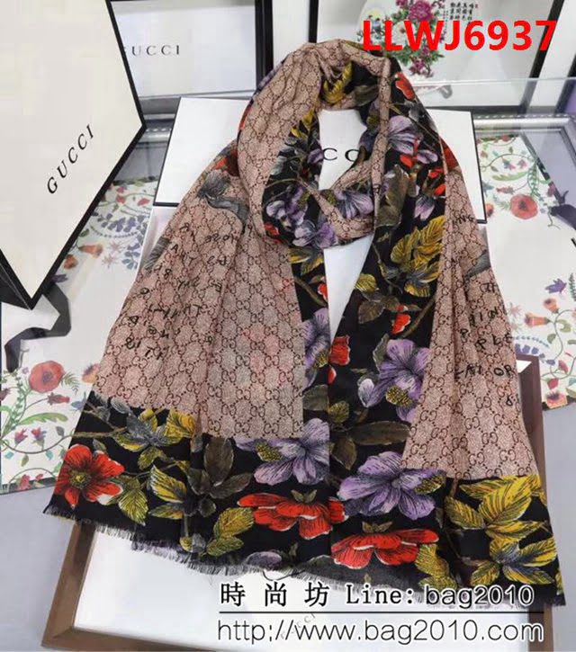 GUCCI古馳海外原版 logo花紋圖案羊絨長圍巾 LLWJ6937