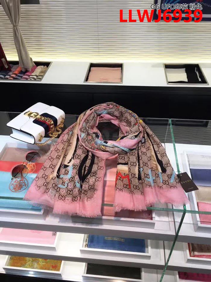 GUCCI古馳海外原版 logo花紋圖案羊絨長圍巾 LLWJ6939