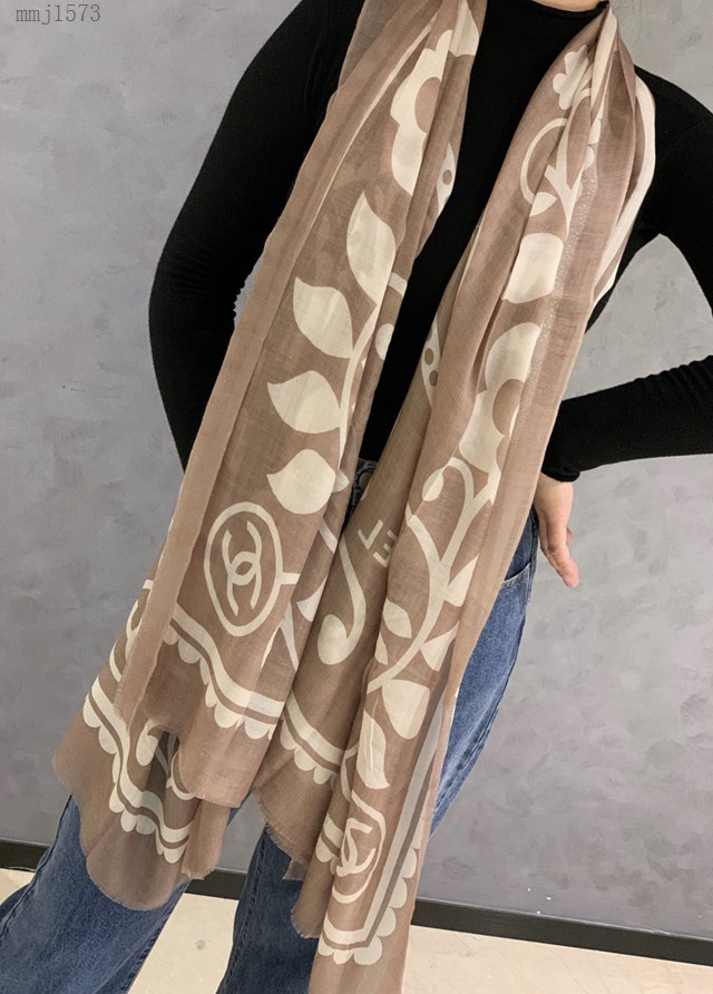 chanel頂級羊絨女士圍巾 香奈兒2021新款銀線圓雙C幾何印花長巾  mmj1573