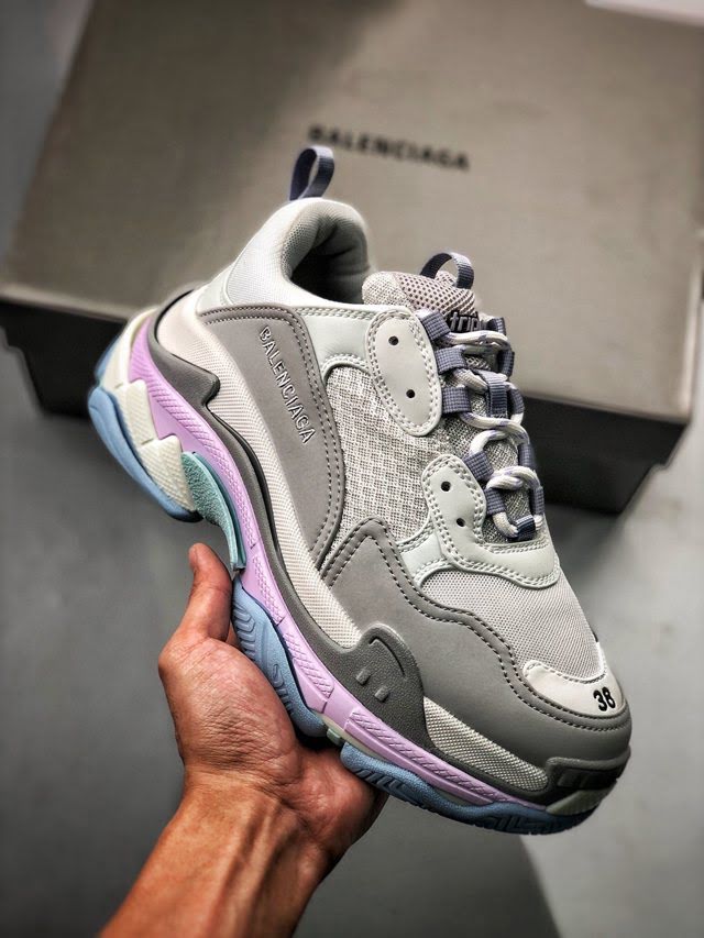Balenciaga經典款男女鞋 巴黎世家頂級版本Triple S大底LOGO灰粉紫老爹鞋 Balenciaga情侶款老爹鞋  hdbl1204