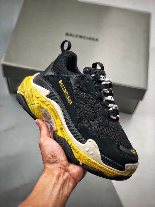 Balenciaga經典款男女鞋 巴黎世家頂級版本Triple S大底LOGO黑黃配色老爹鞋 Balenciaga情侶款老爹鞋  hdbl1215