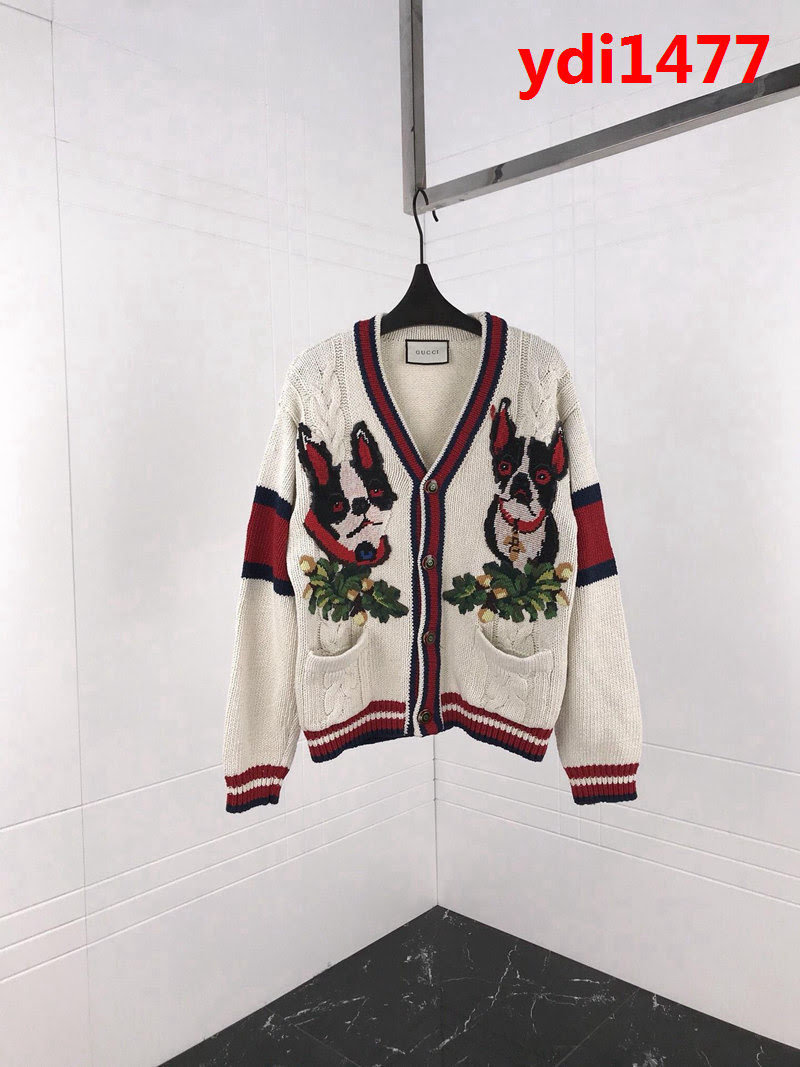 GUCCI古馳 18SS新款 粗線編織麻花刺繡小狗圖案 杏色開衫毛衣 情侶款 ydi1477