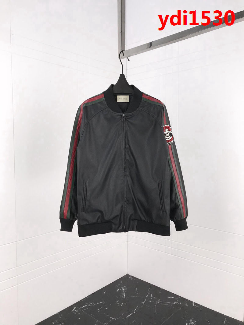 GUCCI古馳 19早春新款 手臂拼色拼接條紋徽章 男款皮衣夾克 ydi1530