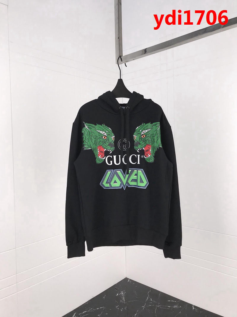 GUCCI古馳 18ss4秋冬新款 咆哮狼頭圖案 黑色 連帽衛衣 情侶款 ydi1706