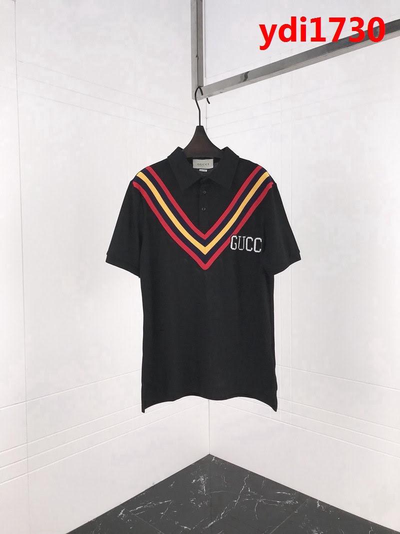 GUCCI古馳 19早春新款 拼色條紋“PIRATES”刺繡字母 絲光珠地棉 男款Polo衫 ydi1730