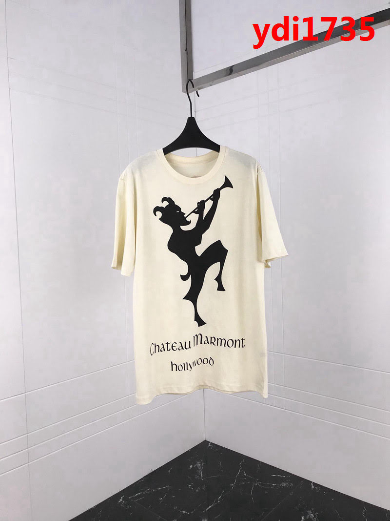 GUCCI古馳 19ss春季新款 人物吹嗩呐 後背花朵印花圖案 純棉汗布短袖 男女同款 ydi1735