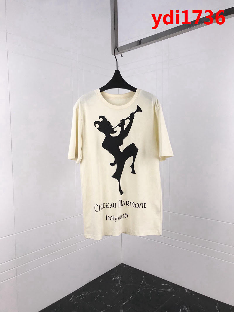 GUCCI古馳 19ss春季新款 人物吹嗩呐 後背花朵印花圖案 純棉汗布短袖 男女同款 ydi1736